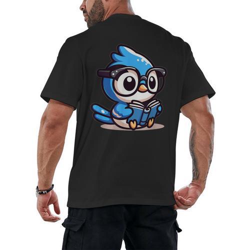 Adorable Book Lover Blue Jay With Reading Glasses Cute Men's Back Print T-Shirt - Bookorys