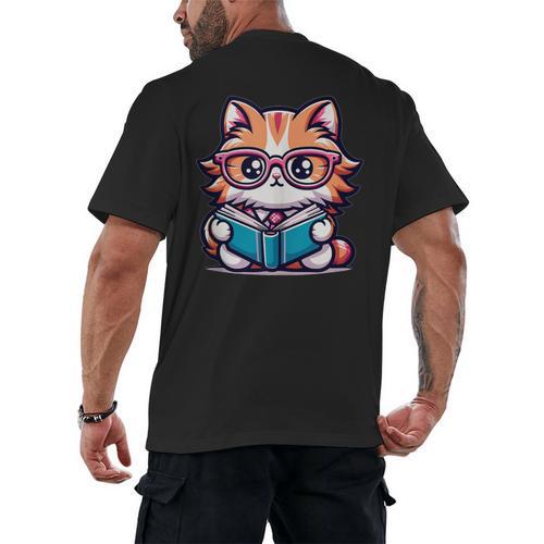 Adorable Book Lover Maine Coon Cat With Reading Glasses Cute Men's Back Print T-Shirt - Bookorys
