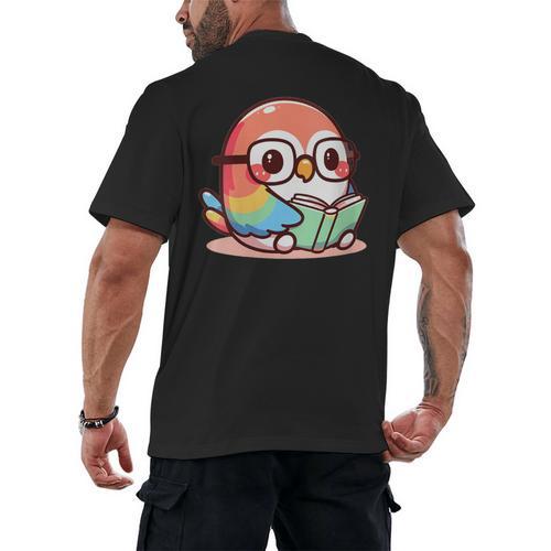 Adorable Book Lover Parrot With Reading Glasses Cute Men's Back Print T-Shirt - Bookorys