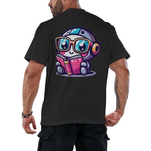 Adorable Book Lover Robot With Reading Glasses Cute Men's Back Print T-Shirt - Bookorys
