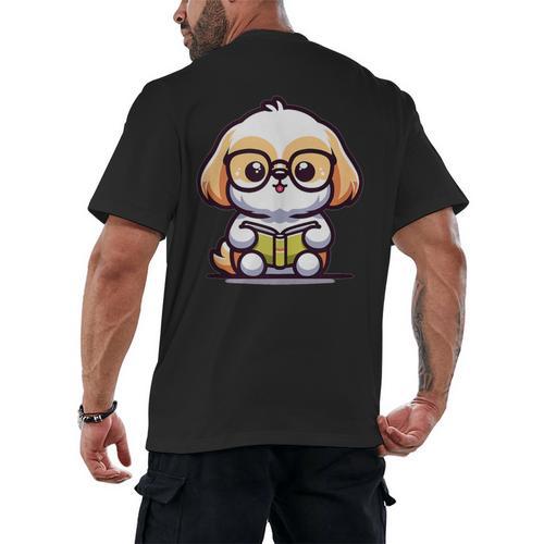 Adorable Book Lover Shih Tzu With Reading Glasses Cute Men's Back Print T-Shirt - Bookorys DE