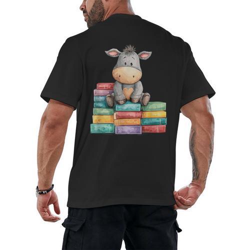Adorable Donkey With Heart Sitting On Colorful Book Stack Men's Back Print T-Shirt - Bookorys DE