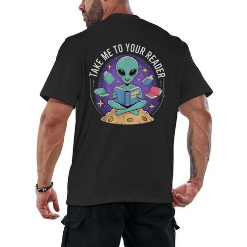 Alien Reader Reading Teacher Librarian Book Lover Men's Back Print T-Shirt - Bookorys