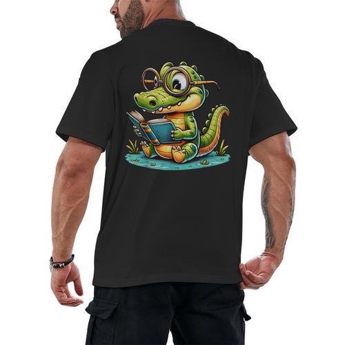 Alligator Reading a Book Animal Men's Back Print T-Shirt - Bookorys