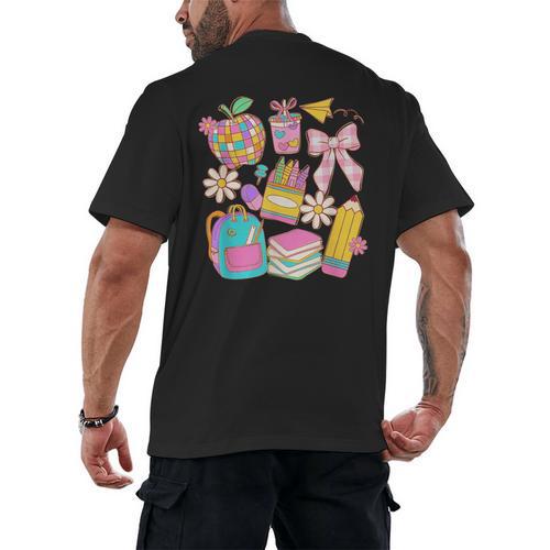 Apple Disco Pencil Books Bow Teacher Student Back To School Men's Back Print T-Shirt - Bookorys DE