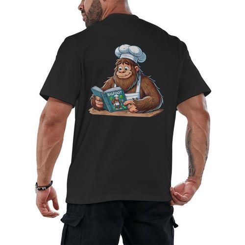 Bigfoot Reading a Cookbook Men's Back Print T-Shirt - Bookorys