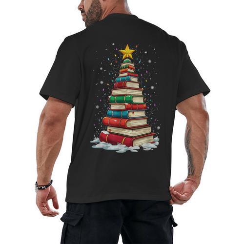 Book Christmas Tree Book Lover Teacher Librarian Men's Back Print T-Shirt - Bookorys DE