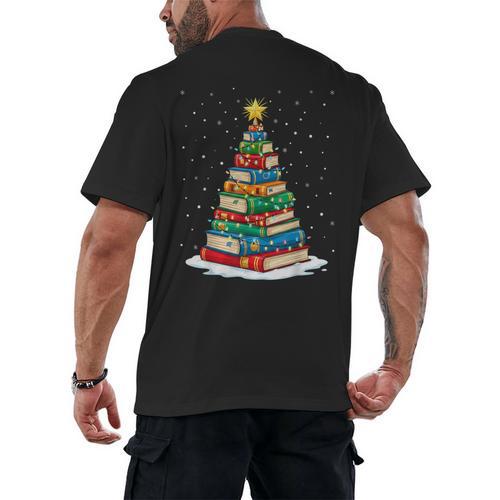Book Christmas Tree Xmas Lights Book Lover Teacher Librarian Men's Back Print T-Shirt - Bookorys DE
