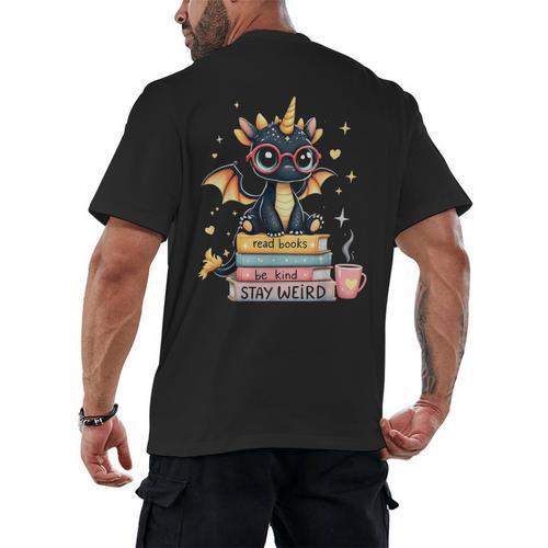 Book Lover Chibi Dragon With Big Red Glasses Bookworm Men's Back Print T-Shirt - Bookorys UK