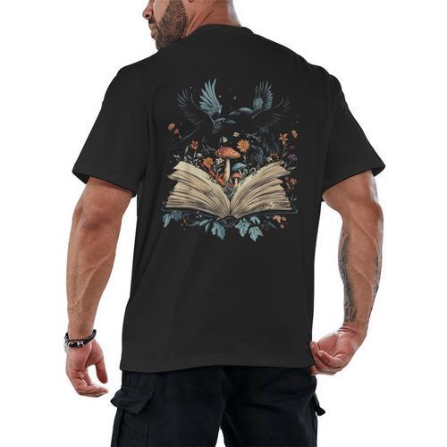 Book Lover Crow Cottagecore Flowers Book Men's Back Print T-Shirt - Bookorys UK