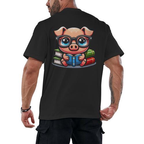 Book Lover Reading Pig Men's Back Print T-Shirt - Bookorys DE