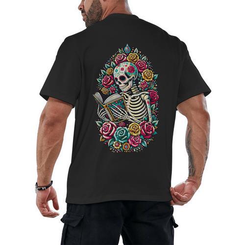 Book Lover Skeleton Reading With Dia De Los Muertos Flowers Men's Back Print T-Shirt - Bookorys