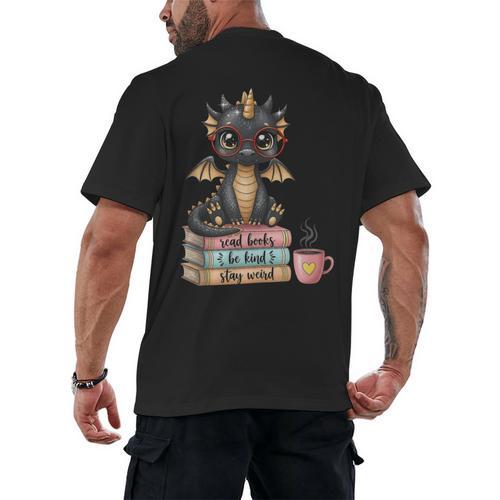 Book Lover Stay Weird Be Kind Read Books Baby Dragon Men's Back Print T-Shirt - Bookorys