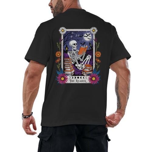 Book Lover Tarot Card The Reader Mystic Skeleton Men's Back Print T-Shirt - Bookorys DE
