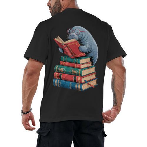 Book Reading Book Reader Manatees Sea Animal Sea Cow Manatee Men's Back Print T-Shirt - Bookorys