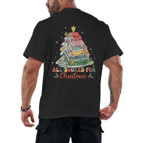 All Booked For Christmas Book Lovers Xmas Tree Lights Men's Back Print T-Shirt - Bookorys DE