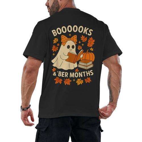Books And BER Months Fall Librarian Reading Halloween Men's Back Print T-Shirt - Bookorys CA