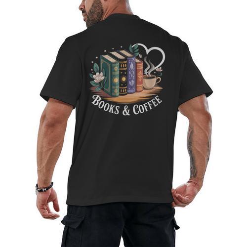 Books And Coffee Book Lover Bookish Green Book Theme Reading Men's Back Print T-Shirt - Bookorys