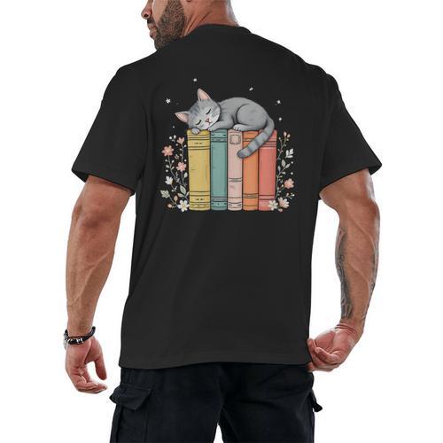 Books Lover Cute Sleepy Cat Relax Reading Vibe Men's Back Print T-Shirt - Bookorys