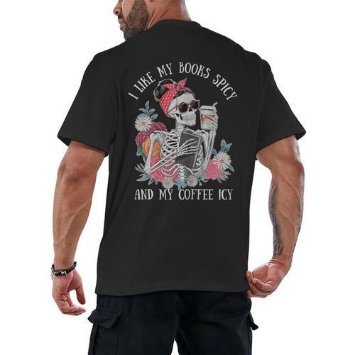 I Like My Books Spicy And My Coffee ICY Skeleton Women Men's Back Print T-Shirt - Bookorys