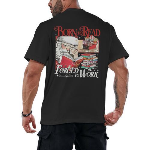 Born To Read Forced To Work Santa Christmas Book Lover Retro Men's Back Print T-Shirt - Bookorys