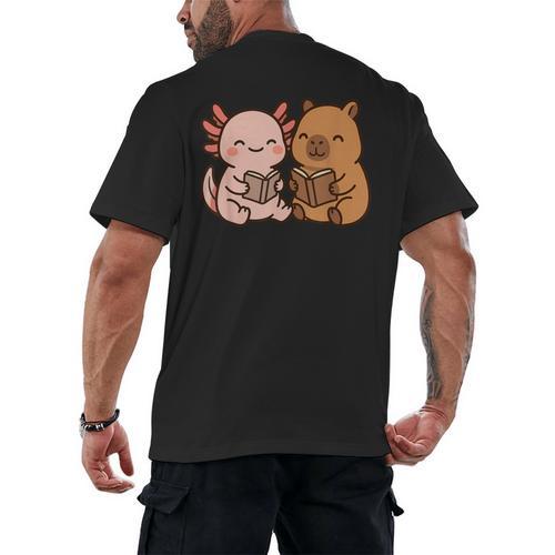 Capybara Axolotl Kawaii Kids Anime Book Lover Reading Men's Back Print T-Shirt - Bookorys CA