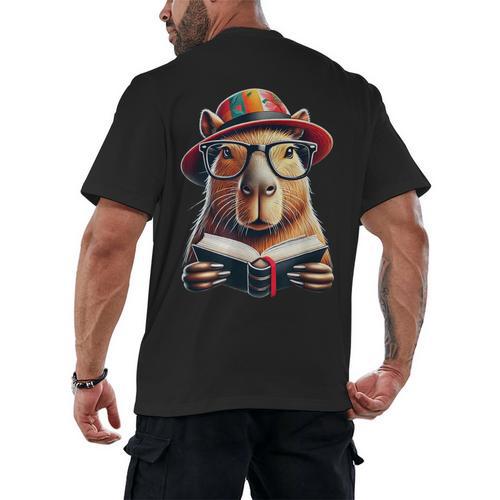 Capybara Bookworm Rodent Reading a Book Men's Back Print T-Shirt - Bookorys