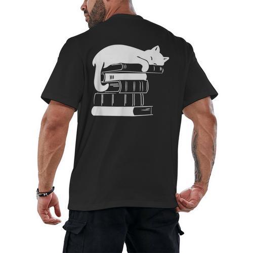 Cat Book Books And Cats Cat Lover Cat Mom Book Lovers Men's Back Print T-Shirt - Bookorys AU
