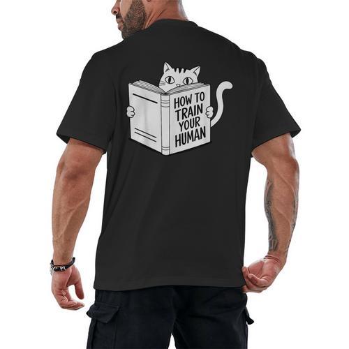 Cat Book Humor How To Train Your Human Men's Back Print T-Shirt - Bookorys