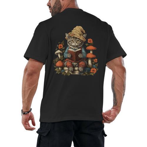 Cat Cottagecore Shirt Mushroom Cute Cat Reading Book Women Men's Back Print T-Shirt - Bookorys AU