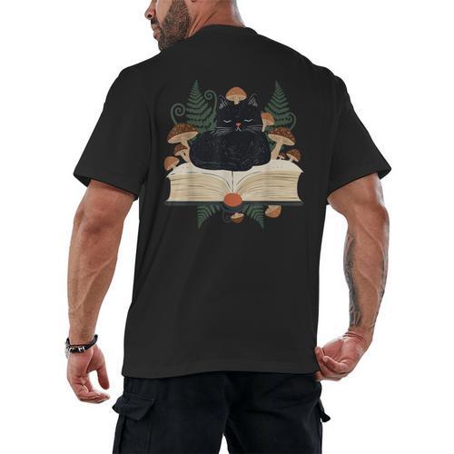 Cat On Open Book Mushrooms Ferns Dark Academia Men's Back Print T-Shirt - Bookorys AU