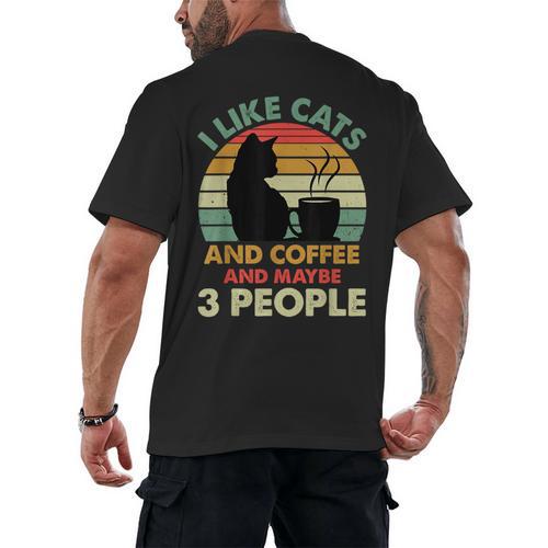 Cats Coffee & 3 People Tee Cute Font Introvert Humor Men's Back Print T-Shirt - Raresse
