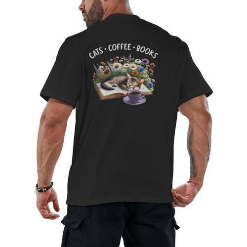 Cats Coffee Books Men's Back Print T-Shirt - Bookorys AU