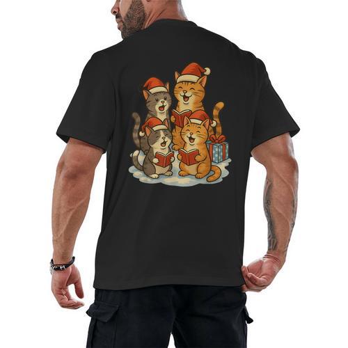 Cats Reading Books Christmas Tree Men's Back Print T-Shirt - Bookorys AU