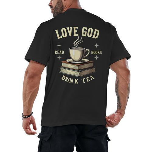 Christian Bookworm Love God Read Books Drink Tea Men's Back Print T-Shirt - Bookorys CA