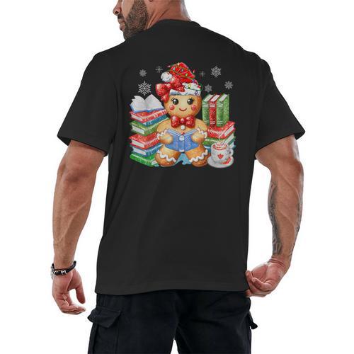 Christmas Gingerbread Man Reading Book Snowflake Teacher Men's Back Print T-Shirt - Bookorys