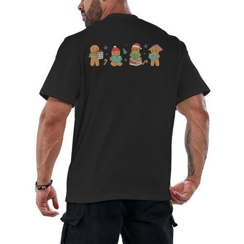 Christmas Library Gingerbread Man Books Lover Bookish Men's Back Print T-Shirt - Bookorys