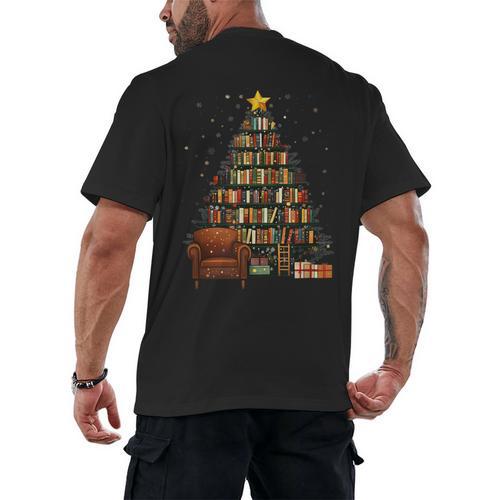 Christmas Tree Bookshelf Book Lover Library Men's Back Print T-Shirt - Bookorys UK
