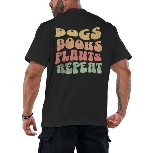 Colorful Dogs Books Plants Repeat Men's Back Print T-Shirt - Bookorys