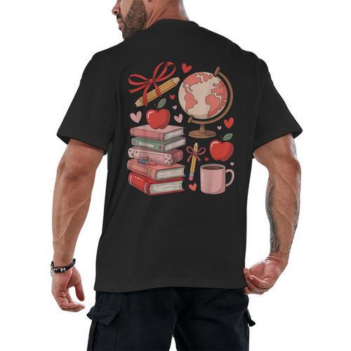 Coquette Teacher School Supplies Bows Books Globe Apple Cute Men's Back Print T-Shirt - Bookorys DE