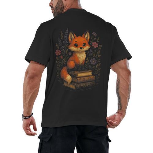 Cottagecore Aesthetic Fox Books Flowers Cute Men's Back Print T-Shirt - Bookorys