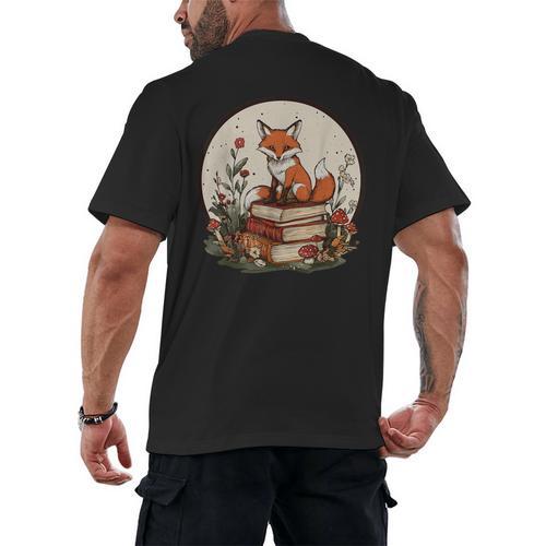 Cottagecore Fox With Books Men's Back Print T-Shirt - Bookorys