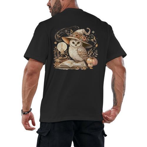 Cottagecore Owl Witch On Book Pumpkin Halloween Men's Back Print T-Shirt - Bookorys DE