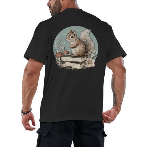 Cottagecore Squirrel With Books Men's Back Print T-Shirt - Bookorys