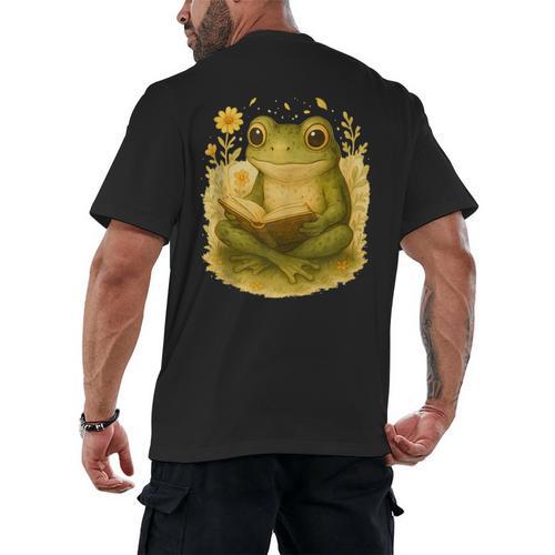 Cottagecore Whimsical Green Frog Peacefully Reading Book Men's Back Print T-Shirt - Bookorys CA