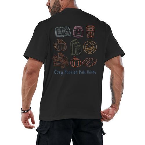 Cozy Bookish Fall Vibes Pumpkin Latte Books Autumn Reading Men's Back Print T-Shirt - Bookorys