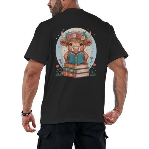 Cute Baby Highland Cow Reading Book Bookworm For Men Women Men's Back Print T-Shirt - Bookorys