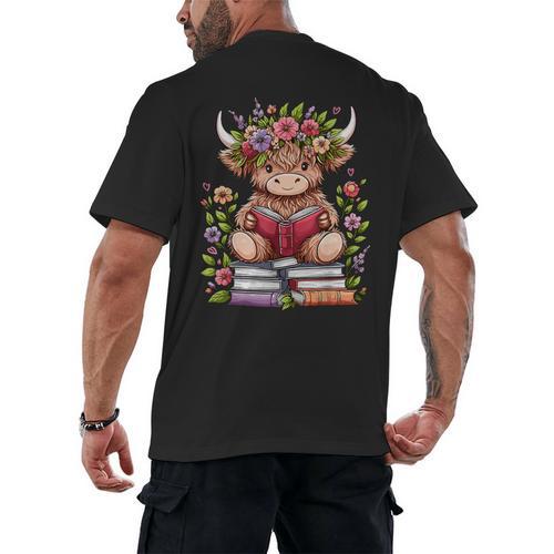 Cute Baby Highland Cow With Reading Book Bookworm Men's Back Print T-Shirt - Bookorys
