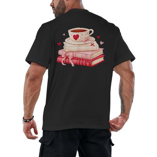 Cute Books And Coffee Crochet Valentines Day Tee For Couples Men's Back Print T-Shirt - Bookorys