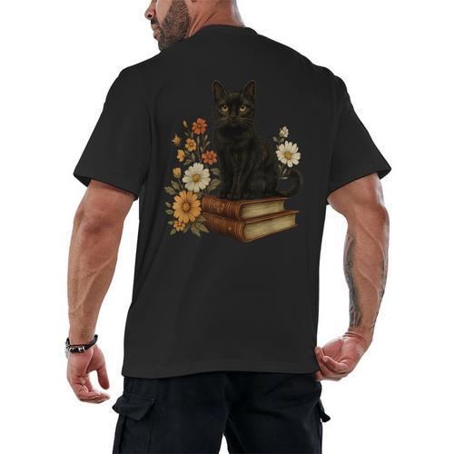 Cute Cat Book Flowers Men's Back Print T-Shirt - Bookorys AU